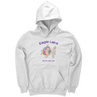 Youth Hoodie, Eagle Lake, Colorful Fish, BL Purple Text