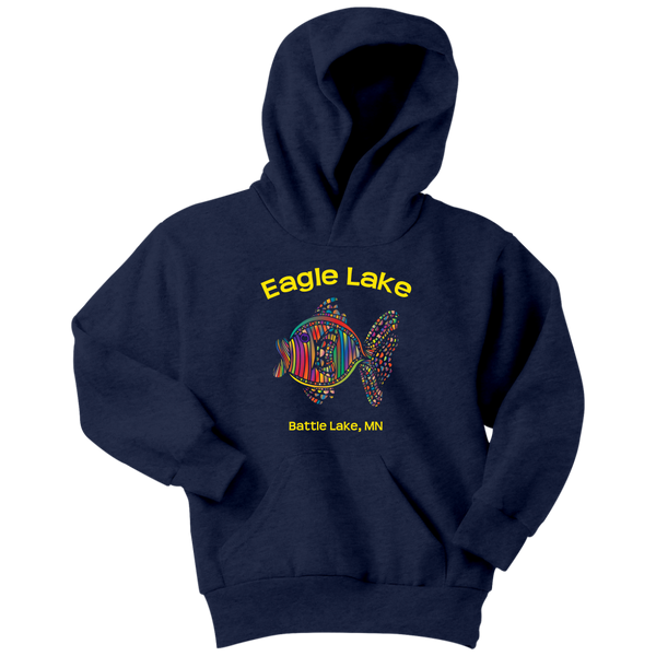 Youth Hoodie, Eagle Lake, Colorful Fish, Battle Lake, Yellow Text