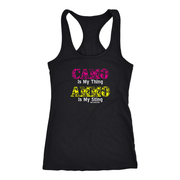 Ladies Racer-Back Tank, Camo Is My Thing Ammo Is My Sting
